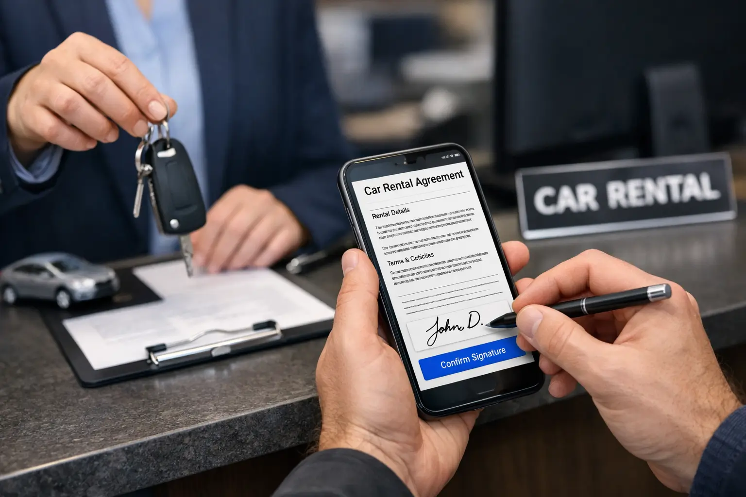 Customer signing a digital car rental agreement on a phone