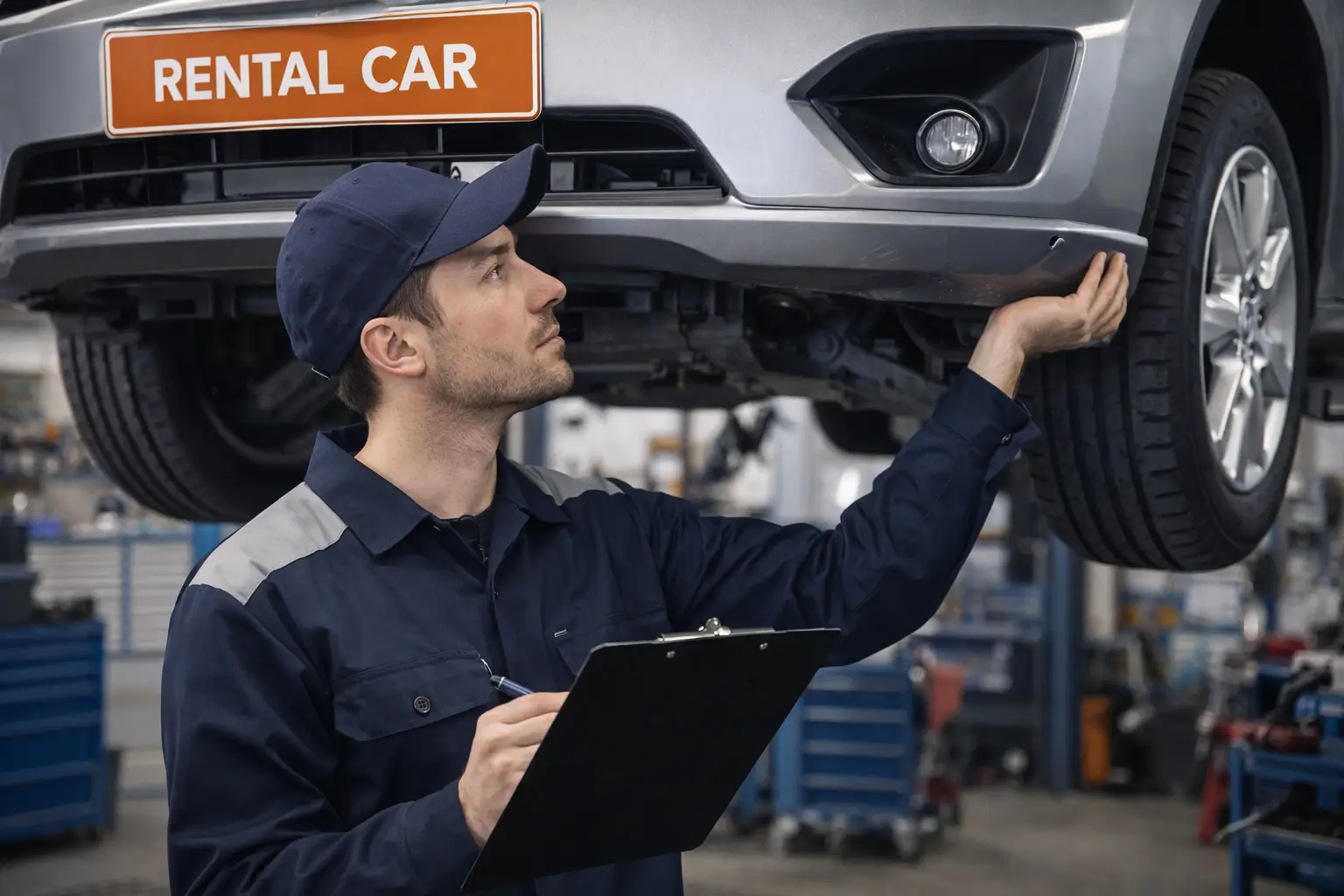 Mechanic inspecting a rental car in a garage