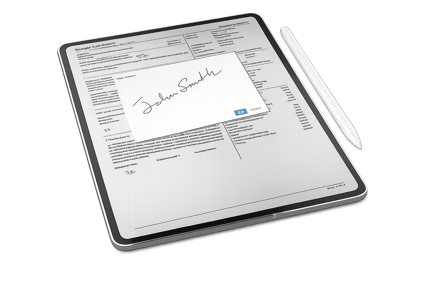 Tablet y lápiz mostrando un contrato de renta firmado electrónicamente a mano