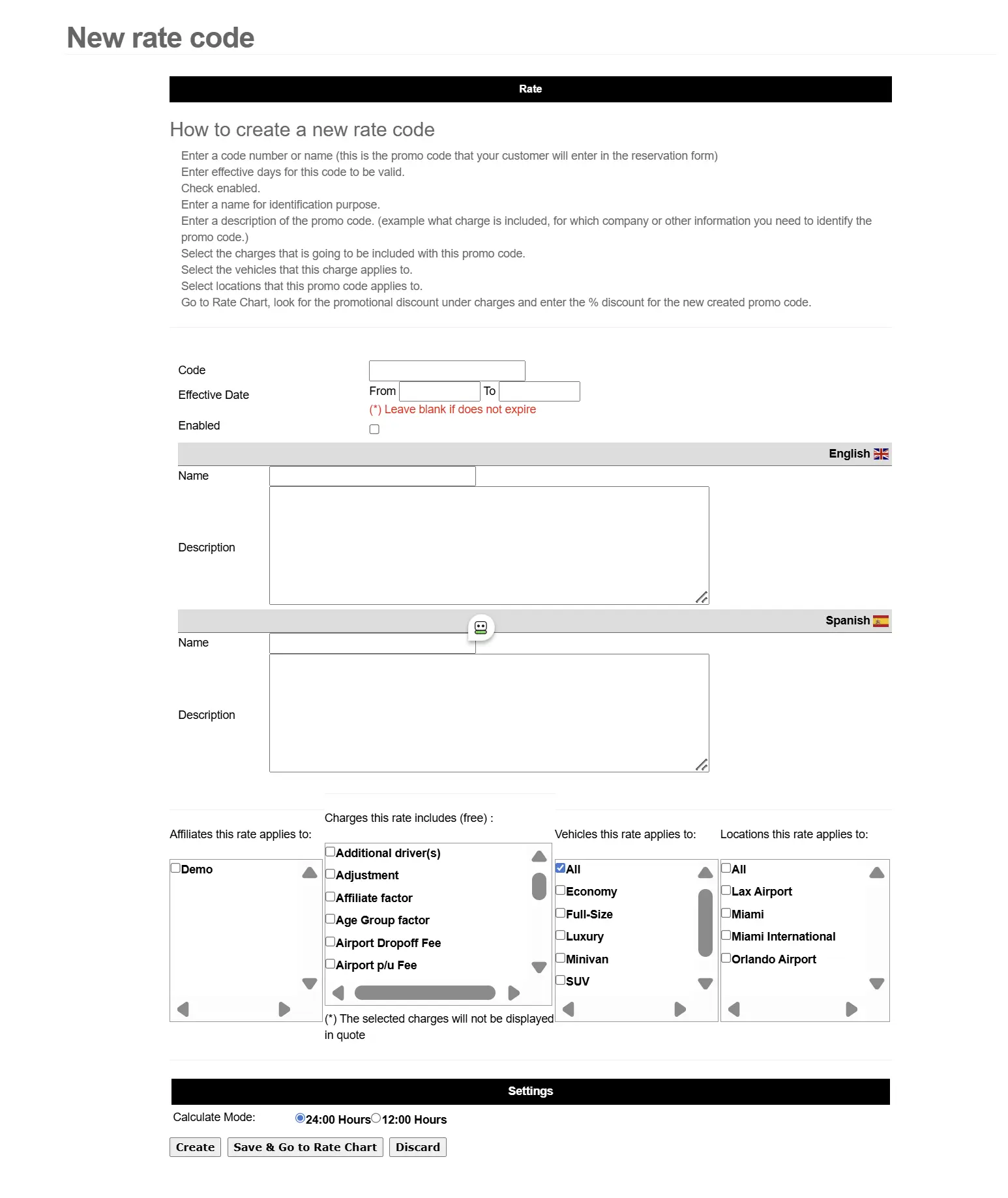 Rate Code promotions screen inside the Car Rental Solutions Marketing module