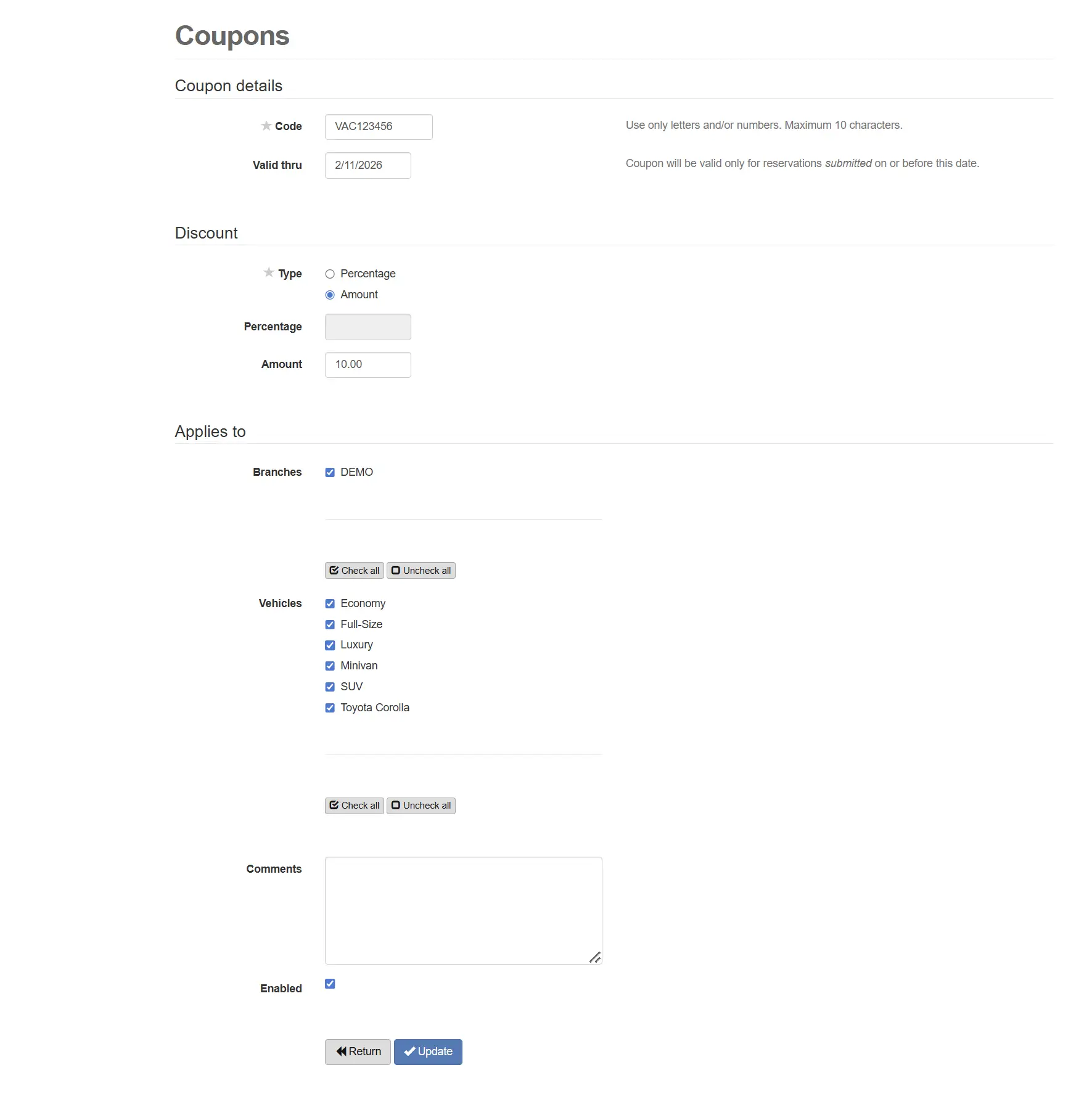 Car Rental Discount Coupon Codes screen showing coupon details, discount type, applies-to branches and vehicles, comments, and enabled setting