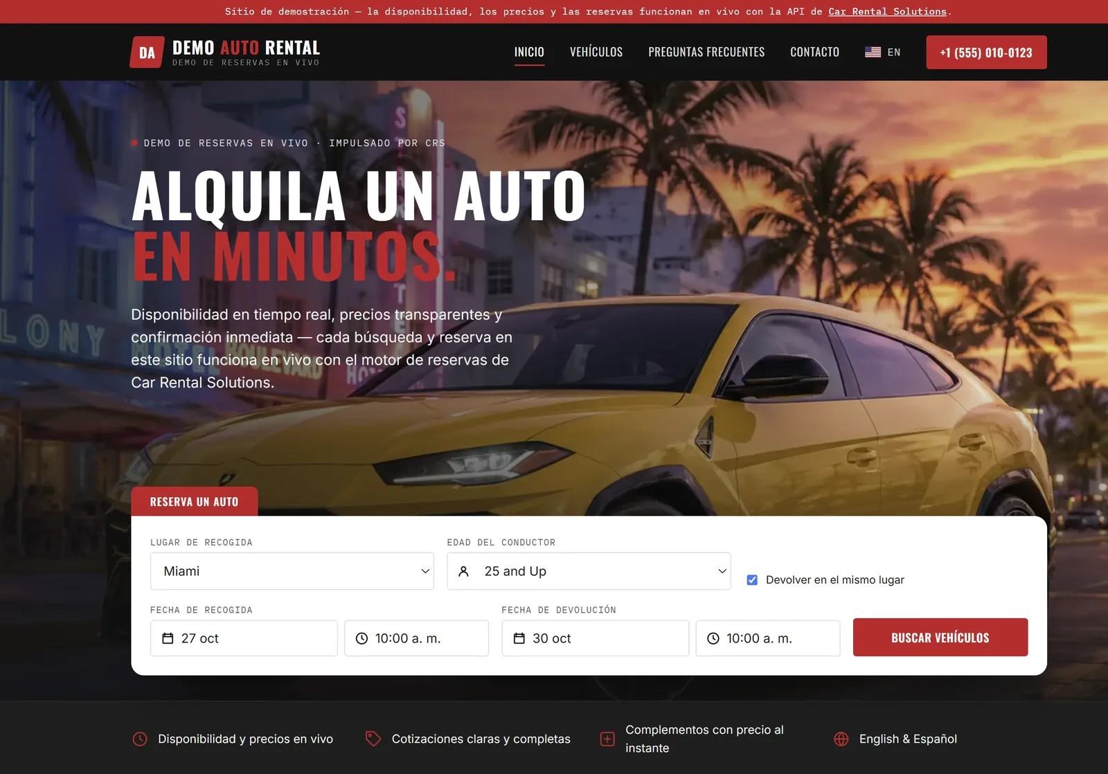Flujo de reserva de vehículos en el sitio web: formulario con lugar de recogida, edad del conductor y fechas