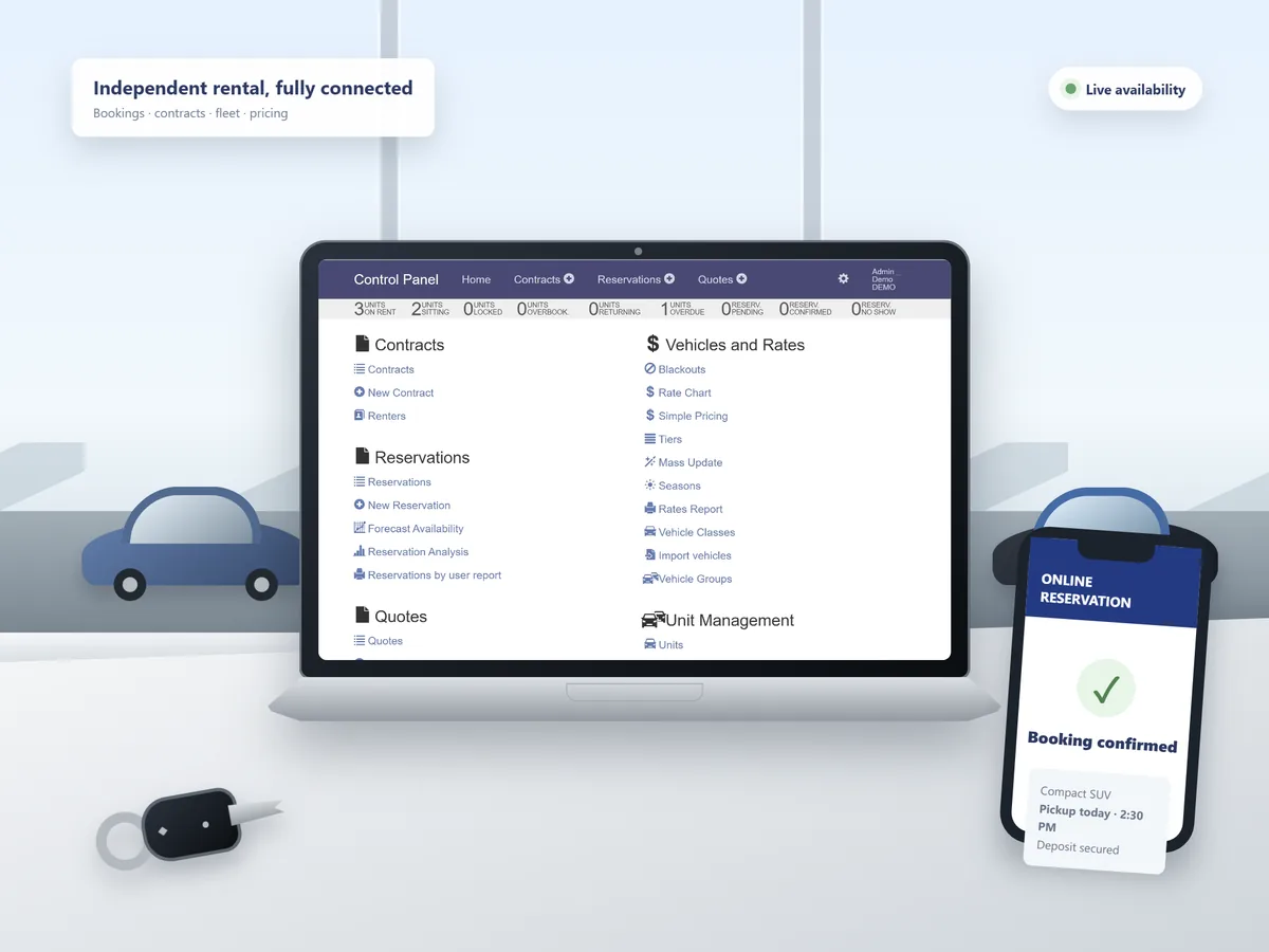 Independent car rental agency desk with fleet software, vehicle keys, live availability, and a confirmed online booking